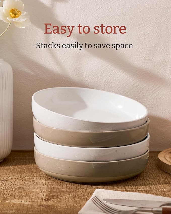 famiware Milkyway 33 oz Bowl Set, Pasta Bowls Set of 4, Salad Bowls, Double Reactive Glaze, Sturdy & Stackable, Ideal for Housewarming, Festivals, White & Cinnamon Brown