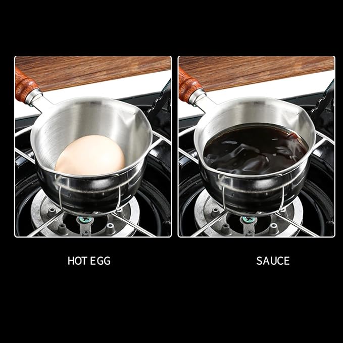 Milk Pot 120ml/200ml Stainless Steel Flat Bottom Butter Melting Pot with Wooden Handle, Mini Sauce Pan Coffee Warmer Pot for Chocolate Melting(120ml)
