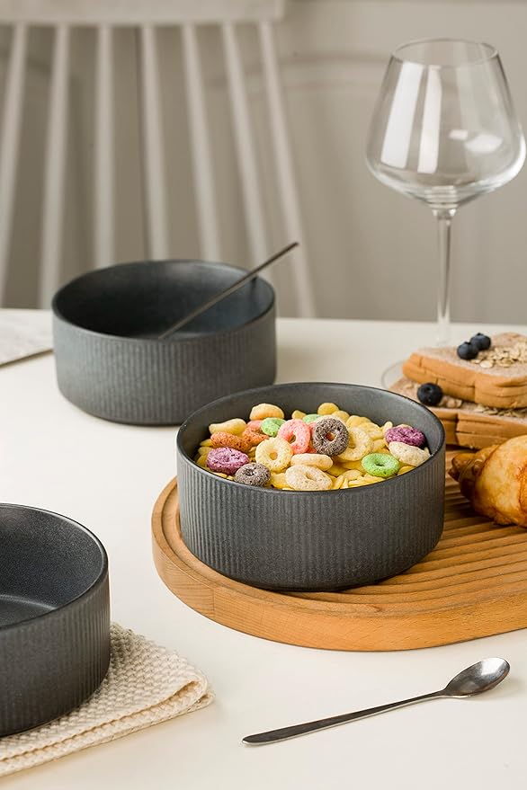 famiware Star Cereal Bowl Set, Soup Bowls Set of 6, Double Reactive Glaze, Stackable, 23 oz Deep Bowls Suitable for Popcorn, Oatmeal, Dessert - Dishwasher and Microwave Safe, Matte Dark Charcoal