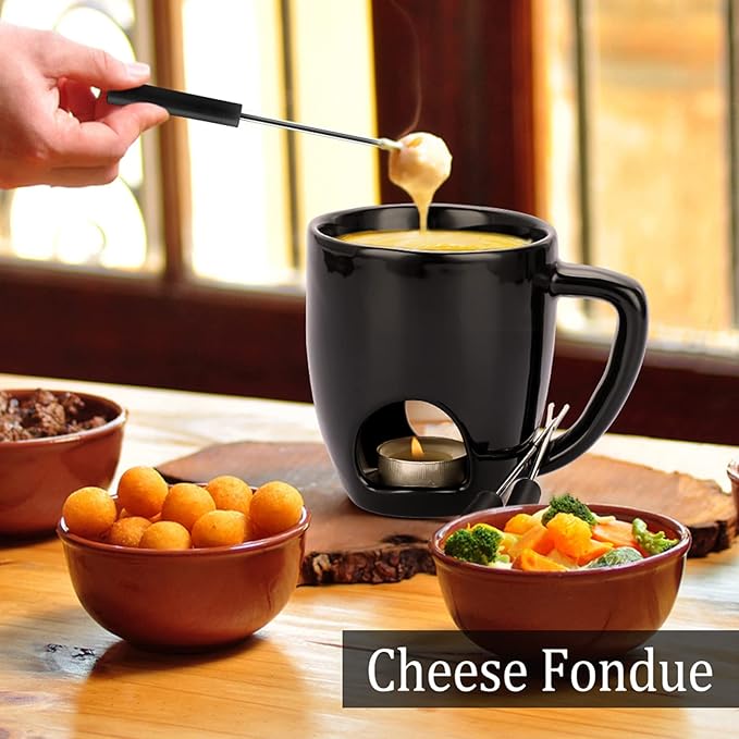 BSTKEY 230ML Personal Chocolate Fondue Mug Set, Ceramic Butter Warmer Set, Mini Melt Hot Pot Cup Set for Cheese Chocolate Butter Caramel, with 2 Forks (Black)