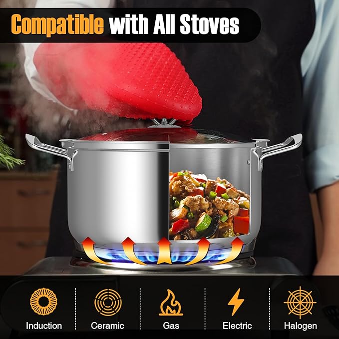 COSTWAY 12 Piece Stainless Steel Cookware Set, Pots and Pans Set with Stock Pot, Frying Pans, Saucepan, 6 Glass Lids, Induction Compatible, Kitchen Cookware Sets for Home, Silver (12 Piece)