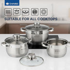 Daniks Standard 6-Piece Stainless Steel Induction Cookware Set, Dishwasher Safe Pots, Measuring Scale, Glass Lids, For Soup, Pasta, Stew, Silver