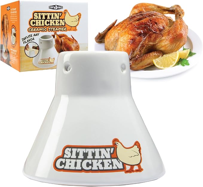Sittin' Chicken Ceramic Beer Can Steamer & Roaster-Easily Infuse Marinade & Sauce Flavors Into Your Meat- Wide Ceramic Base for Oven or Grill Use- Durable & Reusable for Xmas Dinner & Holiday Parties