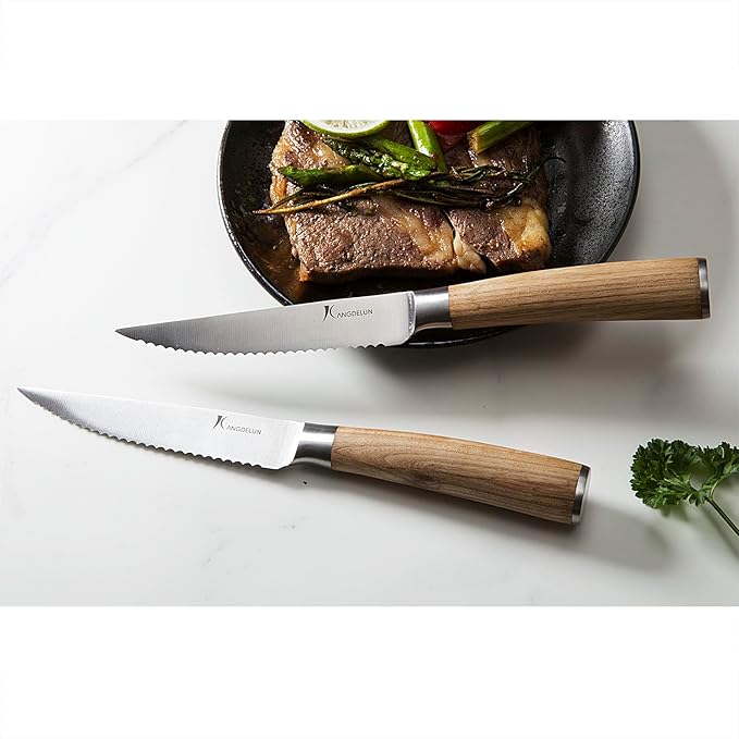 Natura Series 4.5” Serrated Steak Knife Set of 8, High Carbon Stainless Steel, Wooden Handle
