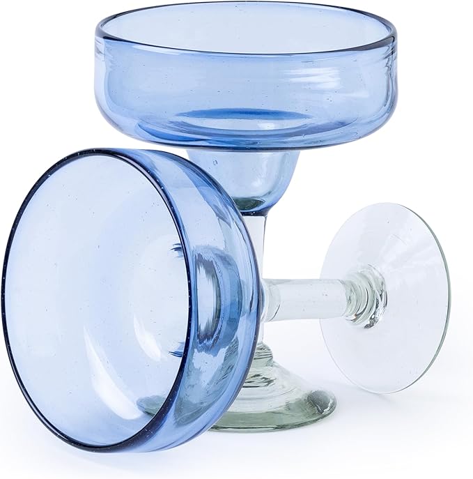 16 oz Hand Blown Mexican Margarita Glasses Set of 2 - Light Cobalt - MEXICAN GLASSWARE