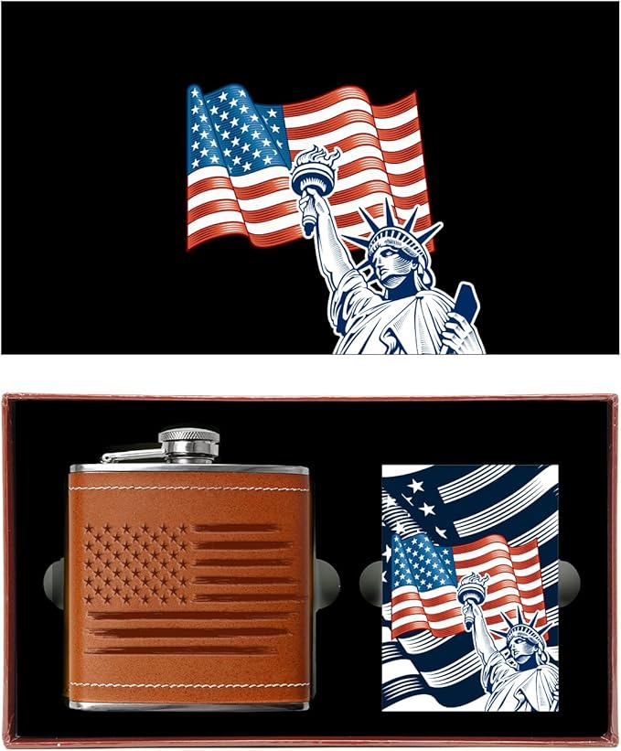 American Flag Flask & Card Set Leather-Wrapped USA Flask with Playing Cards | Disabled Vet Owned SMALL Business | Flag Flask & Card Set