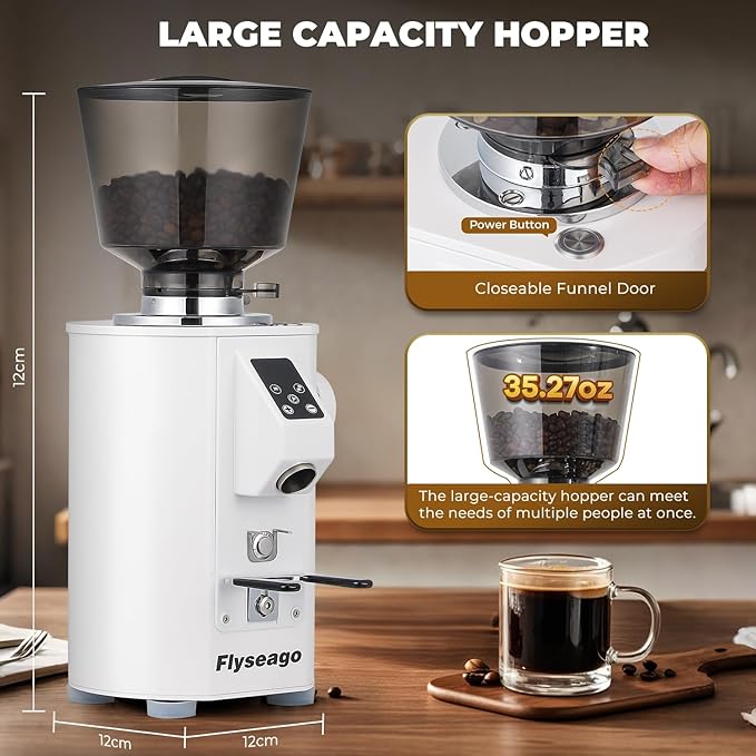 Commercial Coffee Grinder Heavy Duty - 64mm SS Flat Burrs, 8 Precise Settings, Button Control, 35oz Hopper, Business and Home Use, White 400W