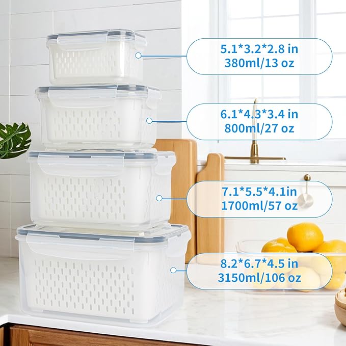 4 Pack Fruit Storage Containers for Fridge with Removable Colanders, Produce Storage Containers for Fridge, Airtight Food Storage Containers for Berry Fruit Vegetable Meat Keeper Fresh (with handle)