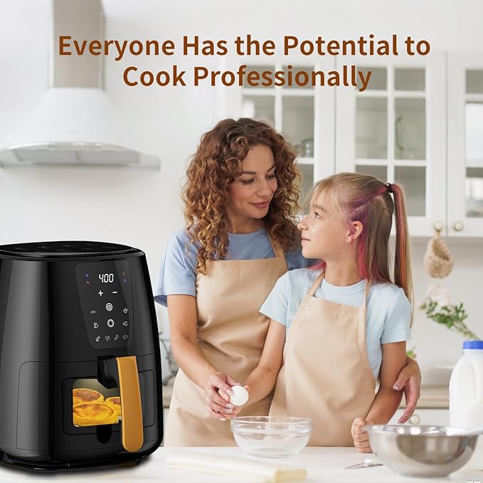 5.8 QT Large Digital Air Fryer with Window for Kitchen Use,Nonstick Made without PFAS, Touchscreen Display,400F,Customized Temp/Time,NonStick Basket,Black
