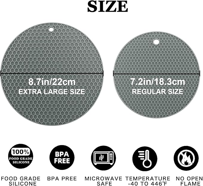 Silicone Trivet Mats, 2 Sizes 7 & 9 Inch Heat Resistant Silicone Hot Pads Pot Holders for Kitchen - Trivets for Hot Dishes, Multipurpose Non-Slip Heat Resistant Mat, Spoon Holder, Drying Mat(Gray)