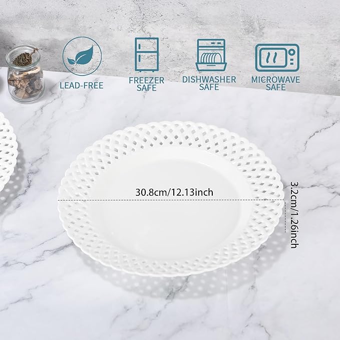 Large White Dinner Plates 12 inch, Ceramic Dinner Plates Set of 4, Basketweave Wide Rim Stackable Hotel Value Round Coupe Shape for Restaurant, Kitchen, Party, Home, Gifts, Microwave Dishwasher Safe