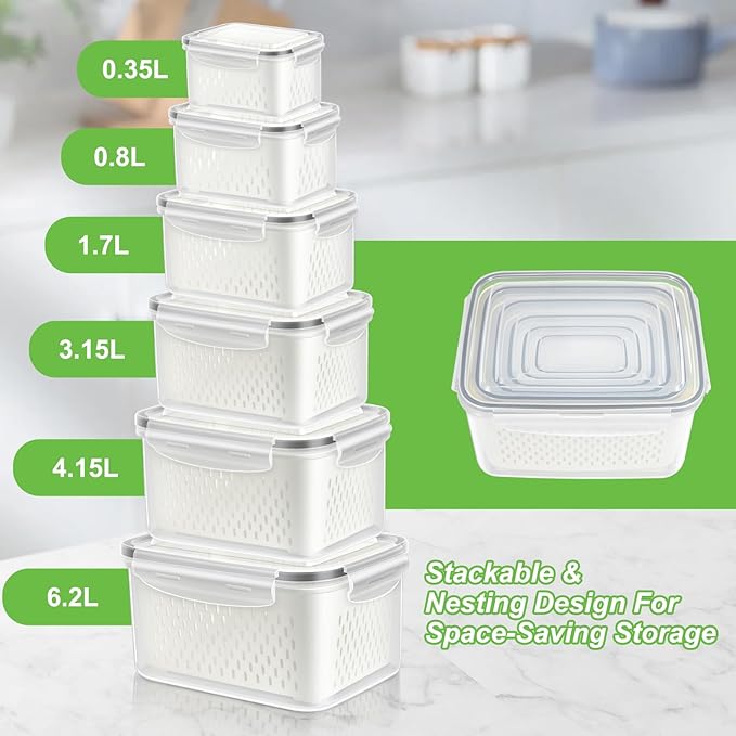 TBMax 12 Pieces Fruit Storage Containers for Fridge Organizers and Storage, 6 Pack Large Produce Saver with Airtight Lid & Colander for Berry Lettuce Salad Vegetable Storage, Refrigerator Organizer