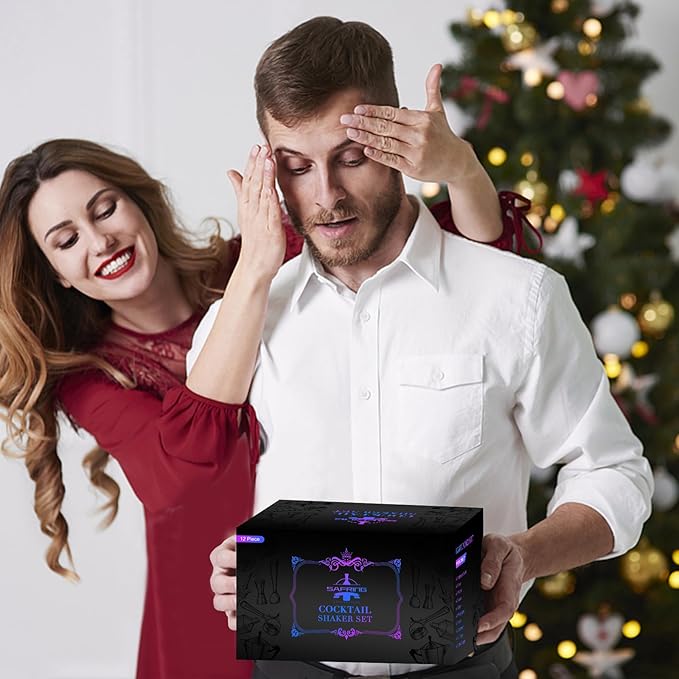 Bartender Kit with Stand, 12-Piece Bar Set | 24oz Cocktail Shaker Set for Drink Mixing, Martini Shaker Set with Bar Tools, Recipes Booklet | Fun Housewarming Gift (Black)