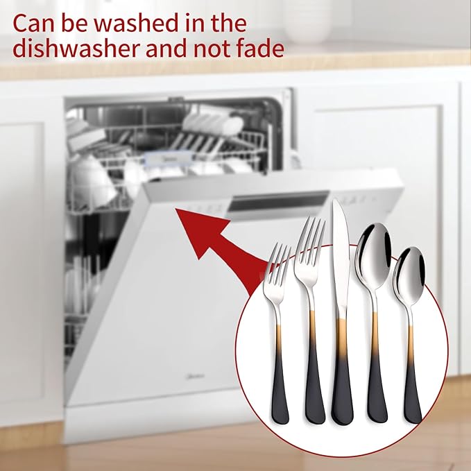 Colorful Silverware Set 20 Piece 18/0 Stainless Steel Flatware Black and Gold Handle Cutlery Set Service for 4 Fork Knife Spoon Set Mirror Finish Dishwasher Safe