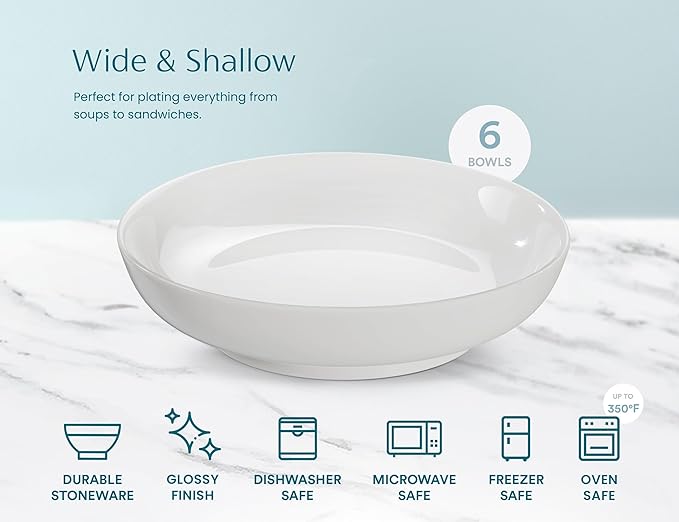 KooK Pasta Bowl, Set of 6, Salad Bowl, Large, Ceramic, Microwave and Dishwasher Safe, for Soups, Shallow Serving Bowls, 32 oz, (White)