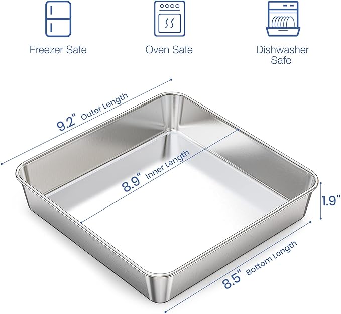 9 Inch Square Cake Pan Set of 2, Stainless Steel Baking Brownie Pan for Lasagna, Roaster Oven Cookie Sheet BBQ Grilling Pan for Baking Breads, Grilling Chicken & Vegetables, Dishwasher Safe