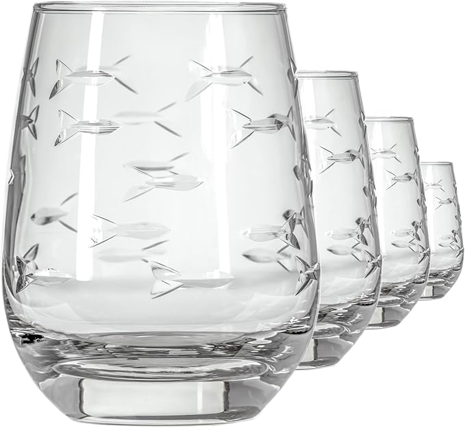 Rolf Glass School of Fish Clear Stemless Wine Glass | Set of 4 Stemless Glasses | 15oz Glass Tumblers | Engraved Lead-Free Coastal Glassware | Made in the USA
