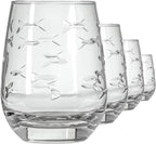 Rolf Glass School of Fish Clear Stemless Wine Glass | Set of 4 Stemless Glasses | 15oz Glass Tumblers | Engraved Lead-Free Coastal Glassware | Made in the USA