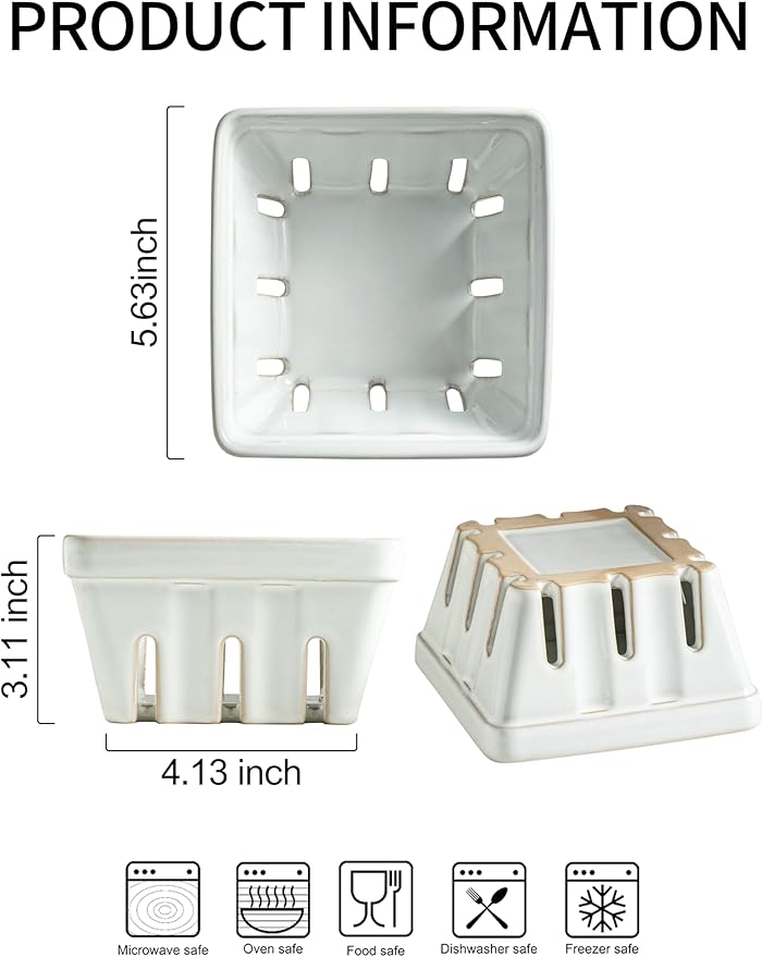 Gomakren Fruit Bowl with Holes, Ceramic Berry Basket Set of 2, 5.7 Inch Square Fruit Basket for Kitchen, Berry Containers Colander - Farmhouse Kitchen Decor, White