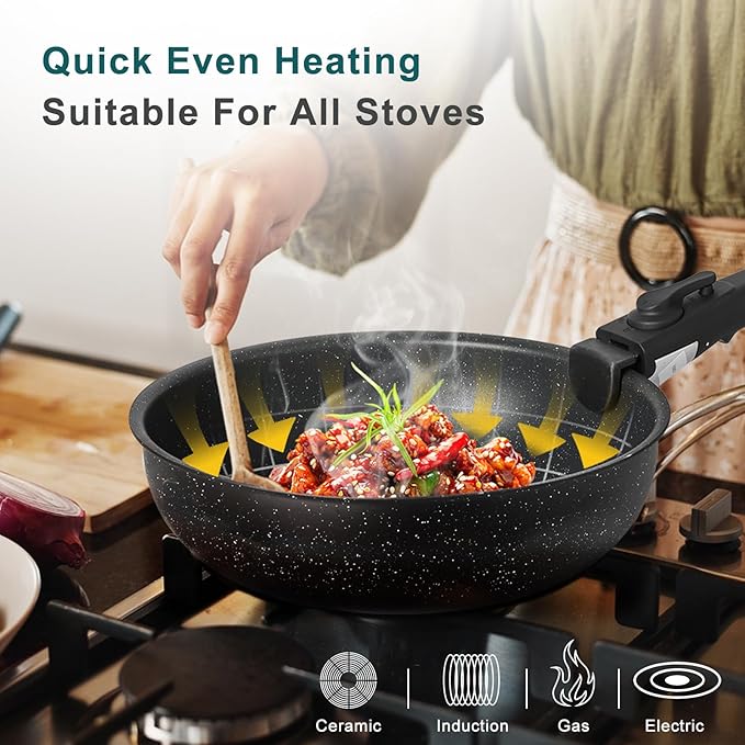 NEWBULIG Nonstick Kitchen Cookware Set, Pots and Pans with Detachable Handle, Induction Compatible, Dishwasher & Oven Safe, Space-Saving, Black, 12 Pieces(5 Pot)