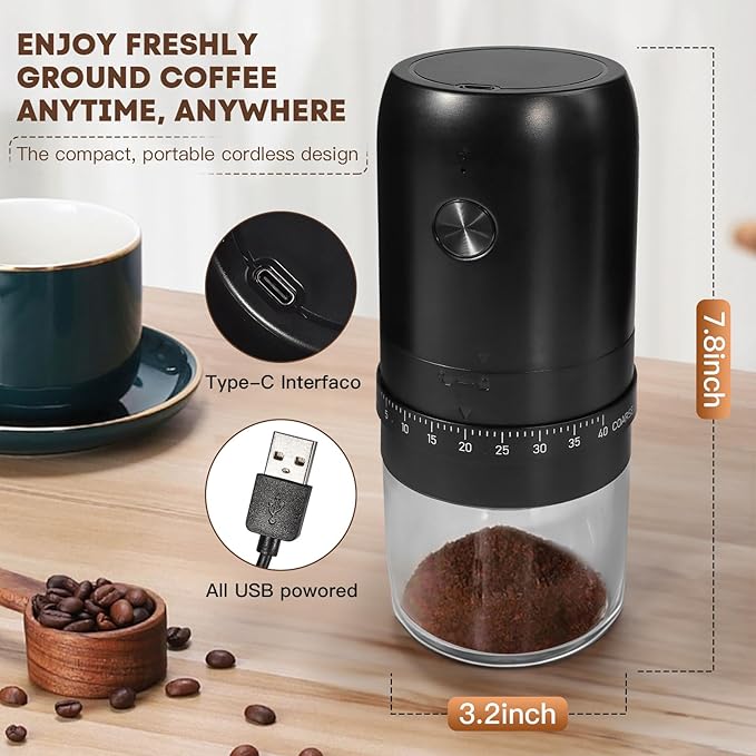 Portable Electric Coffee Bean Grinder， Upgraded Ceramic Conical Burr with External 40 Levels Adjustable Fine to Coarse Settings, Rechargeable and Faster Grinding for Office, Home, Black