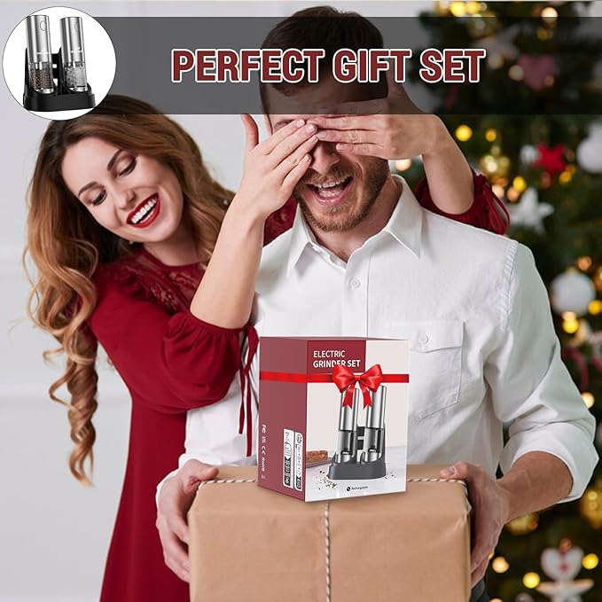 [Upgraded Larger Capacity] Electric Salt and Pepper Grinder Set with USB Charging Base, 95ml Large Capacity, Adjustable Coarseness,Stainless Steel Automatic Pepper Mill (Upgraded Adjustment-B)