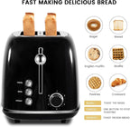 Roter Mond 2 Slice Toaster Retro Stainless Steel with Bagel, Cancel, and Defrost Functions, 6 Bread Shade Settings, Extra Wide Slots and Removable Crumb Tray, Black