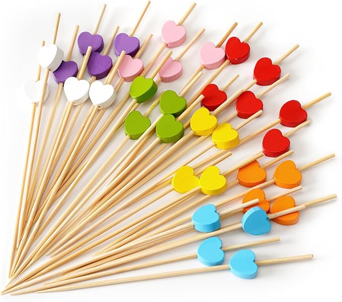 Minisland Multicolor Love Heart Cocktail Picks, 4.7 Inch Long Bamboo Fancy Toothpicks for Appetizers, Bridal Shower Wedding Valentines Party Food Drinks Garnish Fruit Skewer Sticks 100 Counts -MSL445