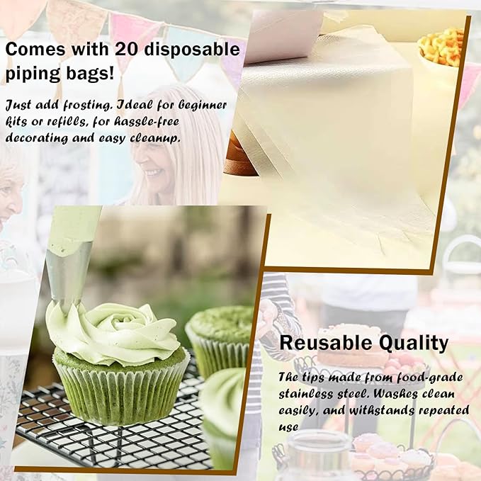 Hendiy Piping Tips Set, Stainless Steel Icing Tips with 20 Disposable Pastry Bags for Cake Decorating Piping Bags and Tips Set, 853 Frosting Tip Cupcake Decorating Kit
