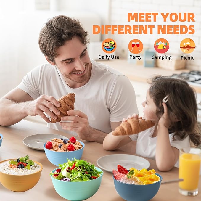 Wheat Straw Bowls Set of 6/12, Unbreakable Lightweight Bowls Set - Microwave & Dishwasher Safe, Reusable for Serving Soup, Oatmeal, Ramen & Salad (6, 26 oz)