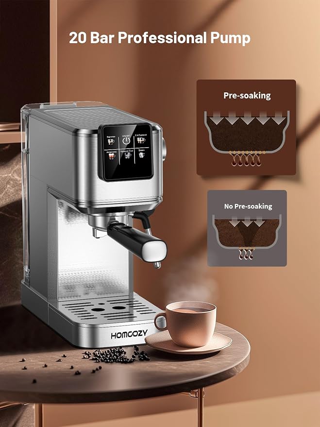 20 Bar Espresso Machine, Hot & Cold Brew Coffee Maker with Milk Frother, Touch Screen, Compact Water Tank, Expresso Coffee Machines for Lattes, Cappuccinos, Americano, Home & Office, Stainless Steel
