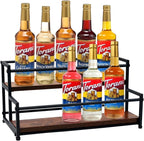 Coffee Syrup Rack Organizer - 2-Tier 10 Syrup Bottles Holder for Coffee Bar, Liquor Bottle Display Shelf - Rustic Kitchen Cabinet for Spices, Jars - Stepped Pantry Shelf for Syrup, Wine, Tea & Coffee