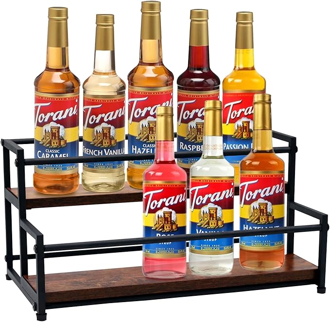 Coffee Syrup Rack Organizer - 2-Tier 10 Syrup Bottles Holder for Coffee Bar, Liquor Bottle Display Shelf - Rustic Kitchen Cabinet for Spices, Jars - Stepped Pantry Shelf for Syrup, Wine, Tea & Coffee