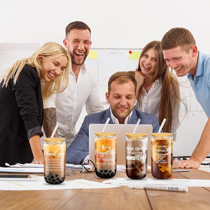 Layhit 24 Set Bulk Thank You Team Gifts Cups for Employees Staff Coworker Christmas Appreciation Gifts Thank You Glass Cups 16 oz Can Shaped Beer Glass with Lids Straws Brushes(Vivid Style)