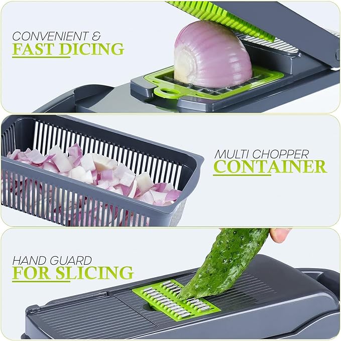 Multifunctional Vegetable Chopper, Slicer, Dicer, Cutter 14 PCs, with Container for Onion, Carrot, Potato, Salad, Garlic, ABS Design, Stainless Steel Blades.