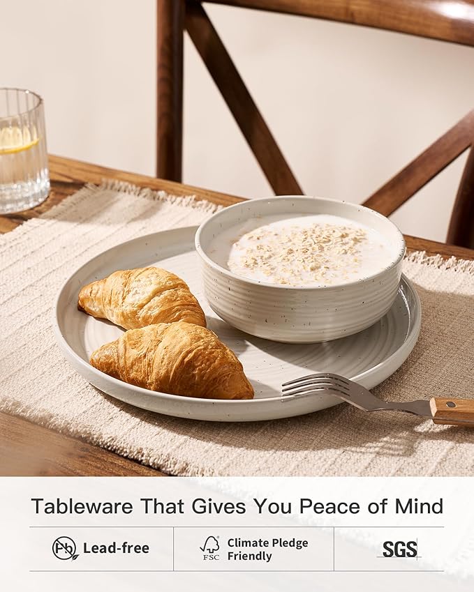 Plates and Bowls Sets for 6, Famiware Premium 18-Piece Stoneware Dinnerware Set, Spiral Flared Dish Set with Speckles & Reactive Glaze - Microwave & Dishwasher Safe Tableware, Shell Beige