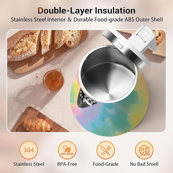 1.2L Double Wall Stainless Steel Interior Water Boiler, Cordless, 1000W Fast Boil with LED Light Coffee Pot & Tea Electric Kettle, Auto Shut-Off and Boil-Dry Protection (Tie-Dye Swirls)