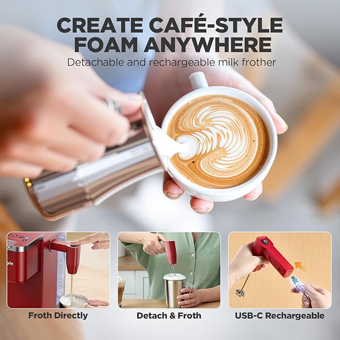 Single Serve Coffee Maker with Built-in Detachable Milk Frother, Iced and Hot Coffee Machine for K Cup & Grounds, 40oz Removable Water Reservoir, 6 Cup Sizes, Fits 7.3" Travel Mug, Red