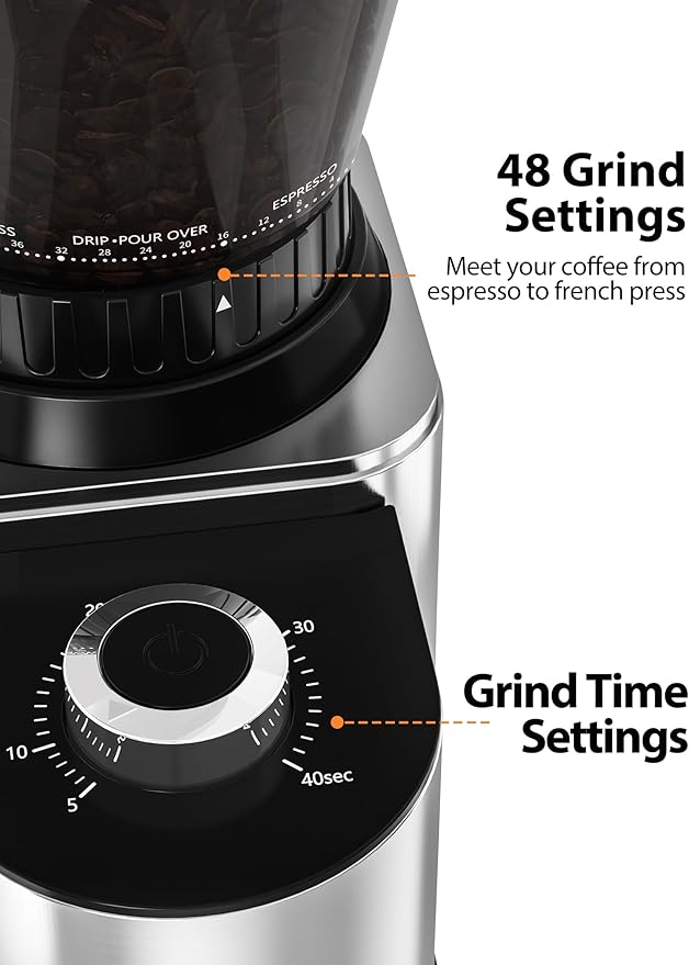Aromaster Coffee Bean Grinder with 48 Gind Settings, Conical Burr Coffee Grinder for Home Use,Stainless Steel,40 Seconds Adjustable Timer,Anti-static,Easy to Clean with Brush