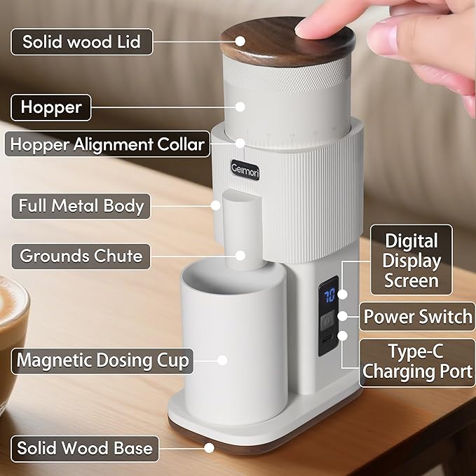 Coffee Grinder,Wirsh Portable Cordless Rechargeable Coffee Grinder Geimori T38 with Conical Burrs,3600mAh Batteries,Grind Settings for Espresso,Pour Over,French Press,Camping,Travel&Home Use