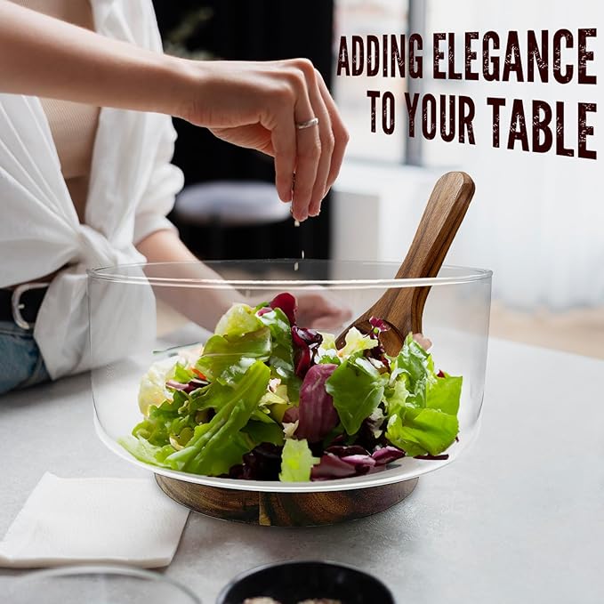 Premium Large Glass Salad Bowl Set with Acacia Wood Base and Serving Utensils - Ideal for Hosting Parties, Host Family Gatherings, and Everyday Use - Elegant, Durable, and Practical Kitchen Essential