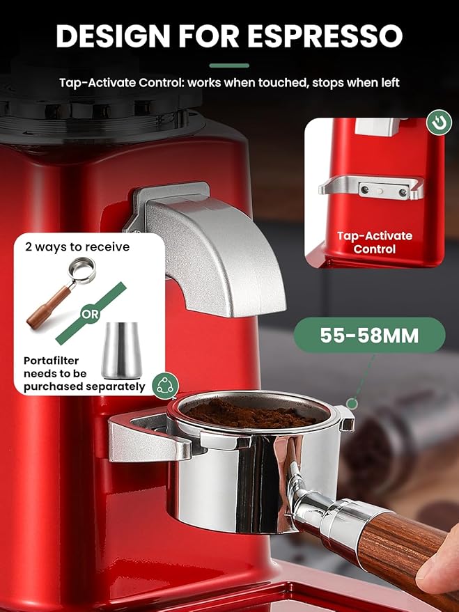 Huanyu Burr Coffee Grinder- Stainless Steel Flat Burr, 19 Precise Grind Settings, 35oz Capacity and Dual Dosing for Espresso, Hand Punch, French Press Red
