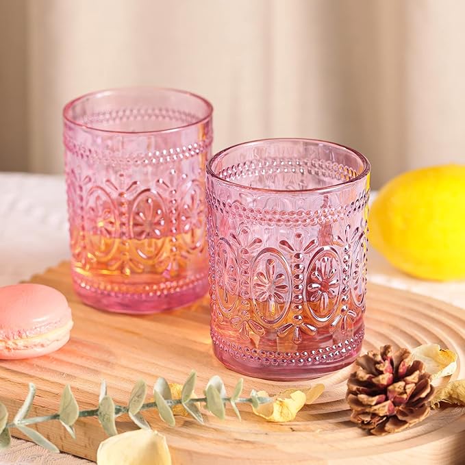 6 Pack Pink Vintage Glassware Set, 10oz Romantic Drinking Glasses, Colored Water Glasses, Pink Embossed Glass Cups for Juice, Cocktails, Beer, Iced Tea, Soda