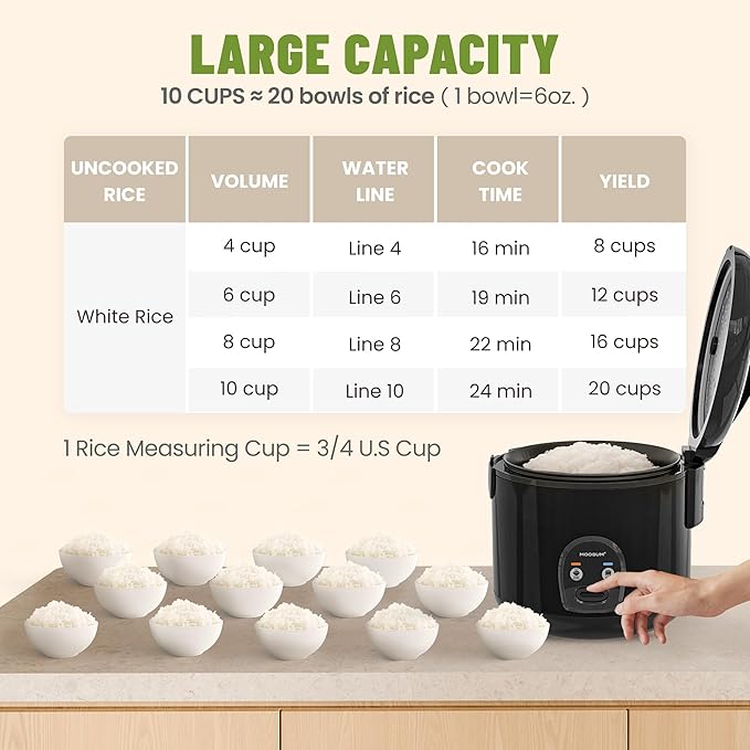 10-Cup Uncooked Rice Cooker & Food Steamer - Ceramic Non-Toxic Inner Pot, One-Touch Multifunction for Rice/Sauté/Yogurt, Dishwasher Safe, 3-10 Family Size, Black
