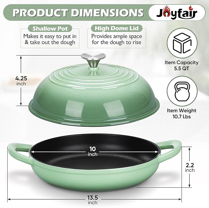 Bread Oven for Sourdough Baking (5.5 QT), Joyfair Enamaled Cast Iron Dutch Oven Pot with Lid, Sourdough Baking Pan, Heavy Duty Dual Handles, Non-Stick & Even Cooking, Oven-safe 500°F, Pistachio Green