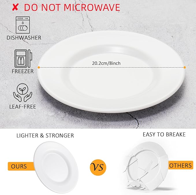 Melamine Dinner Plates Melamine Salad Plates 8 inch Round White Plates Set of 6,PYW-8-06