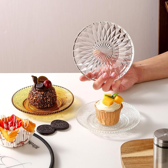 WHJY 6 Inch Clear Glass Plates 4 Pack Vintage Dinnerware Set Clear Floral Textured Dinner Plates for Home Party Wedding Crystal Glass Dishes for Fruit Salad Appetizer Dessert
