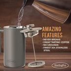 Stainless Steel French Press Coffee Maker Large 1 L(34 oz) Grey – Durable Double Walled Insulated Coffee Press Keeps Drinks Hot, Easy to Use and Clean Stylish Design for Rich Flavor