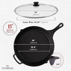 Cuisinel 15" Cast Iron Skillet + Glass Lid Cover + Black Pan Scraper + Silicone Handle Grip Cover - Pre-seasoned Kitchen Cookware - Indoor/Outdoor - Camping, Grilling, BBQ, Oven Use