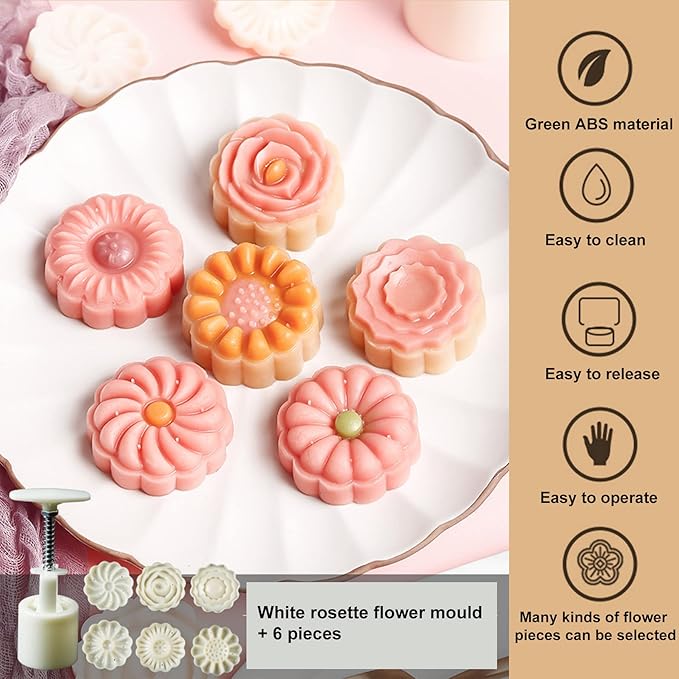 Moon Cake Mould Set,Includes12 pcs Sakura flower pattern base and 2 Pieces Bath Bombs Press,Mid Autumn Festival DIY Hand Press Cookie Stamps Pastry Tool Moon Cake Maker(50g) White L